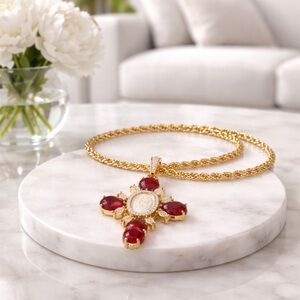 Elegant Gold and Red Pendant Necklace gold filled
